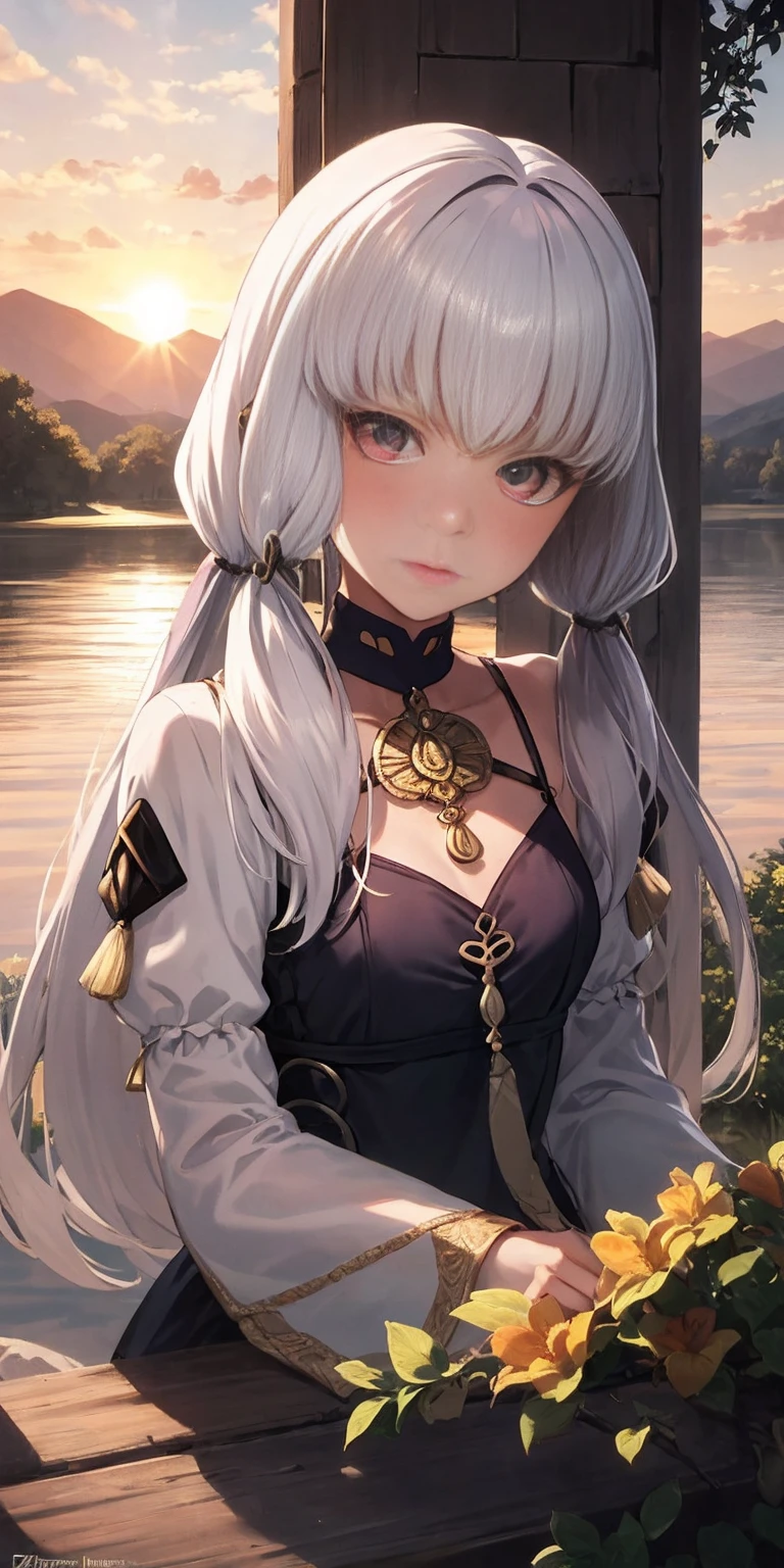 Lysithea von Ordelia is depicted in this artwork as a serene and captivating figure. She is portrayed as a young girl with long, straight hair and mesmerizing eyes. Her hair is styled in low twintails, giving her a unique appearance. The artwork is presented in a monochrome greyscale, with the exception of a few elements.

Lysithea is shown in an upper body shot, wearing a flowing dress that adds to her poised posture. Her porcelain skin is accentuated by a subtle blush, giving her a delicate and ethereal look. She is adorned with a crystal pendant, which adds a touch of elegance to her overall appearance.

The artwork takes place during the golden hour, as indicated by the warm tones, sun flare, and soft shadows. This lighting technique enhances the vibrant colors, creating a painterly effect that adds to the dreamy atmosphere of the piece. The scene is set against a scenic lake, with distant mountains and a willow tree. The calm water reflects the sunlit clouds, contributing to the peaceful ambiance and idyllic sunset.

The level of detail in this official art is remarkable, with every element meticulously rendered. The artwork is presented in unity 8k wallpaper resolution, allowing viewers to appreciate the intricate details. Additionally, the zentangle and mandala elements add a touch of complexity to the overall composition.
