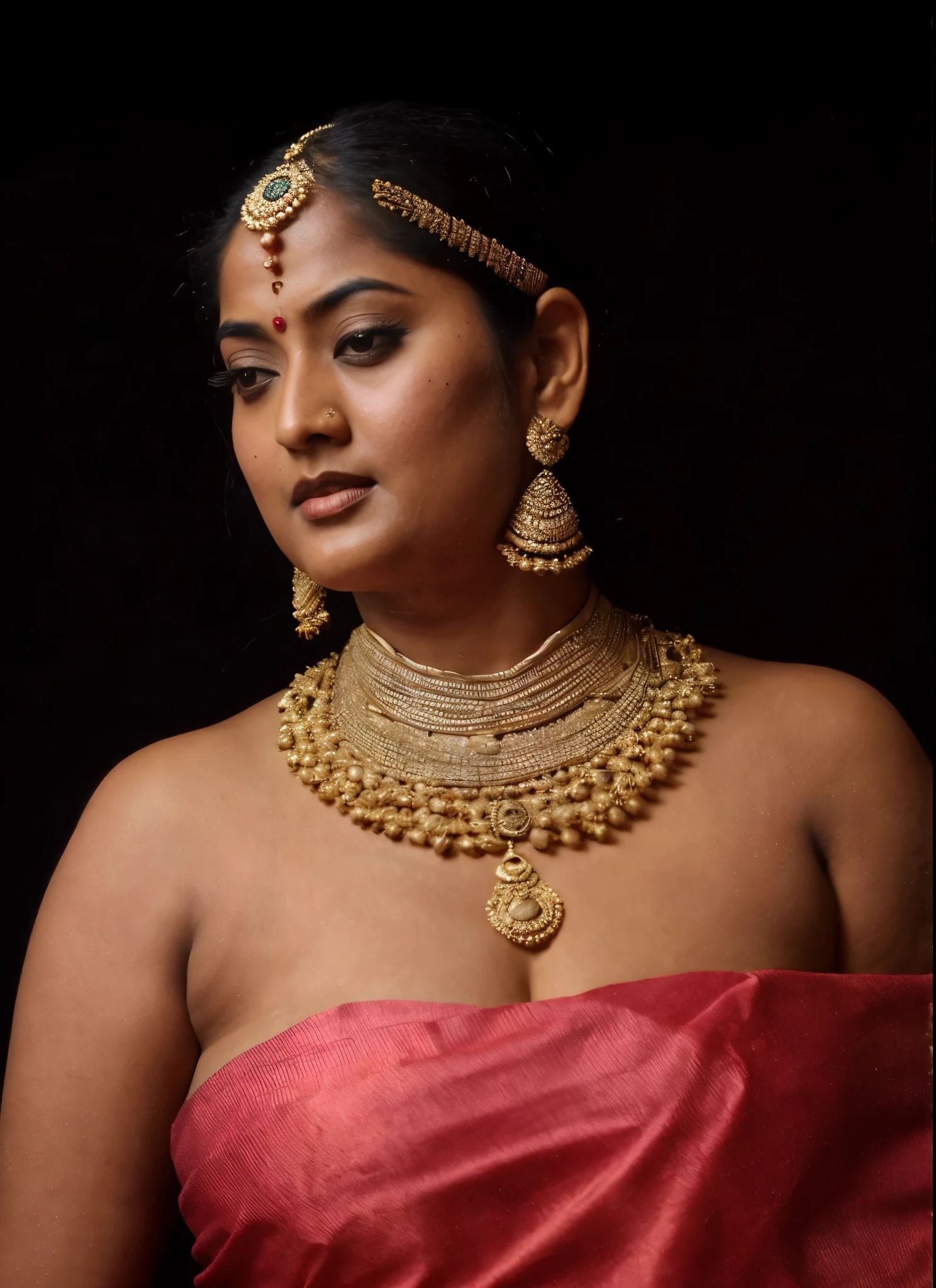 arafed woman in a pink sari, looks like Sandeepa Dhar, thick figure, curvy, traditional beauty, hindu aesthetic, assamese aesthetic, traditional makeup, indian goddess, indian girl with brown skin, wearing bihu dress mekhela sador, indian style, indian, gorgeous woman, south east asian with round face, a stunning portrait of a goddess, beautiful himalayan woman