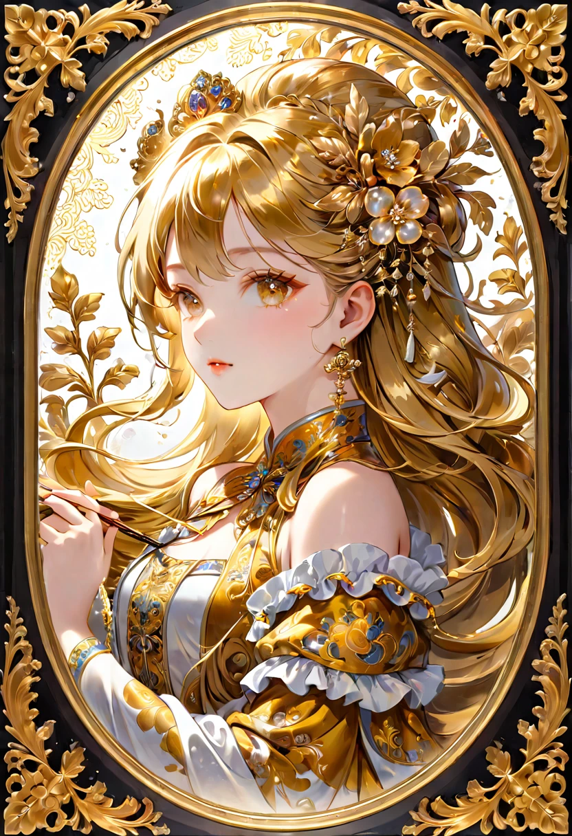 1girl, Gold Leaf Art, goldcarvingcd_xl, jinsixiangyun, traditional, golden, Gold Foil Art, gold leaf,gilded details,shimmering surface,meticulous craftsmanship,rich texture,ornate patterns,hand-applied gold leaf,golden accents,delicate brushwork,reflective surfaces,luxurious finish,breathtaking beauty,meticulous detailing,elegant composition,fine art masterpiece,visual opulence,vibrant colors,glowing golden hue,dramatic contrast,subtle shine,golden radiance,exquisite craftsmanship,gleaming surfaces,richly layered,illumination quality,baroque influences,refined elegance,luminous highlights,rich and regal,unparalleled luxury,artistic magnificence,timeless beauty,self-reflective surfaces,polished luminosity,lustrous appearance,dazzling brilliance,opulent aesthetic,opulent opulence,limitless beauty,decorative embellishments,unmatched elegance,celestial luminosity,heavenly glow,fine brushstrokes,delicate intricacy,detailed precision,exquisite artistry,dazzling exuberance,unparalleled grandeur,luxurious embellishments,illuminating radiance,dynamic texturing