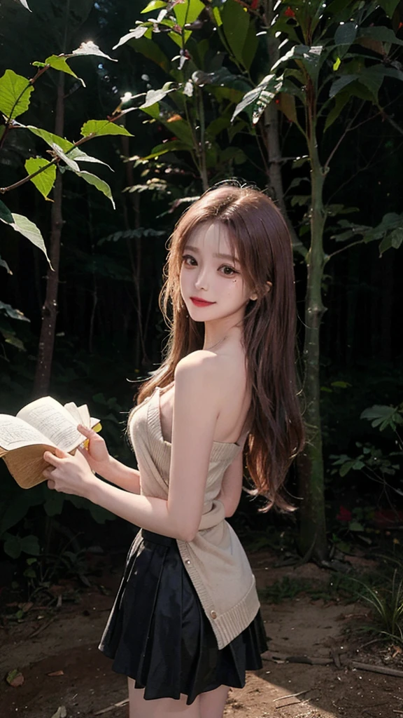 masterpiece,real photos,looking into camera,night time，HDR backlight，Contour light，Shallow depth of field，reddish brown long straight hair，Elegant Chinese beauty,Smile,dancing in the forest, Wearing a strapless cardigan dress，The breeze blew her face，The skirt is flying and rhythmic