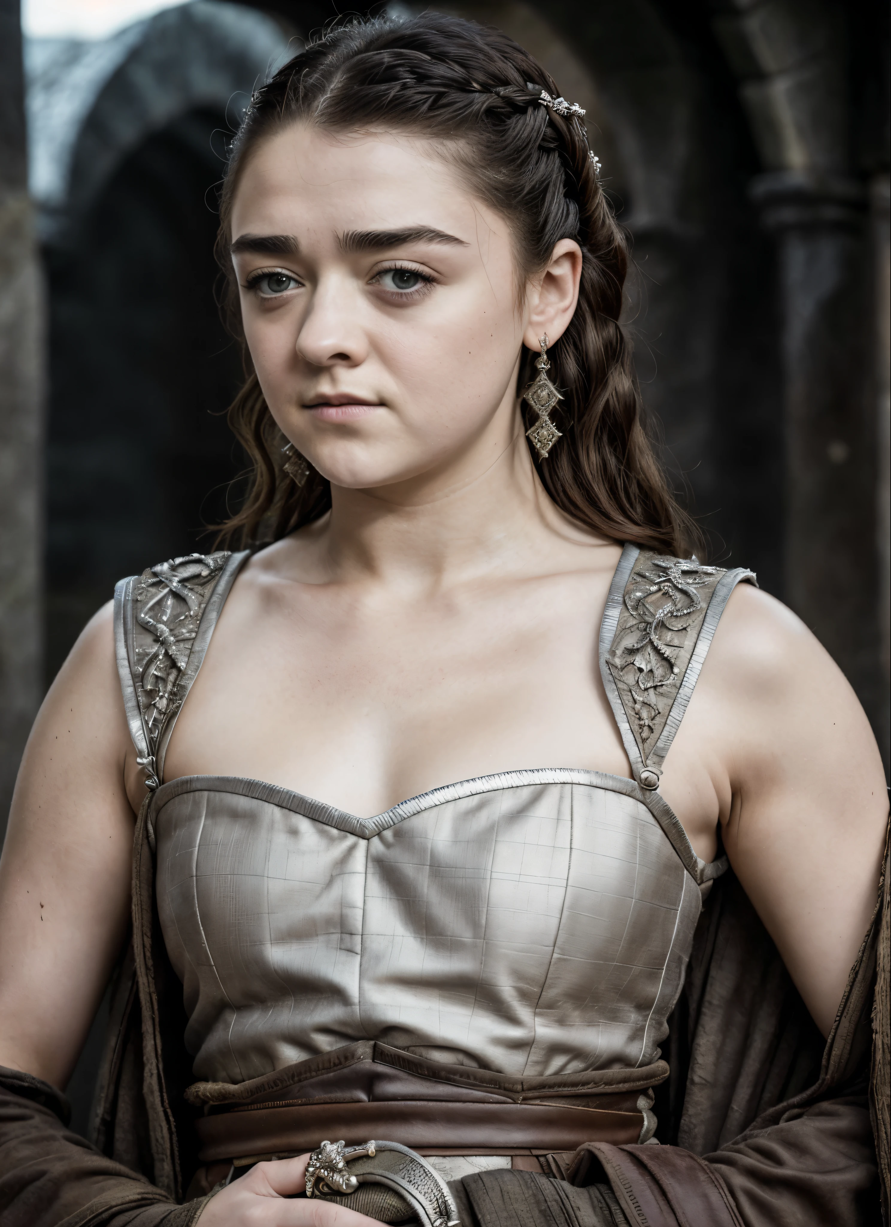 Foto RAW, RAW photograph of Maisie Williams, Arya Stark, Extremely gorgeous lady, Arya Stark PLAYED BY MAISIE WILLIAMS, Queen Arya Stark, she  a mature woman now, milf, sexy mediaeval battle dress, gladiator woman, body, 40 years old Woman, body revealing costumes, perky breast, skin pores, big natural breast, erotic costumes, lusty physique, seductive figure can capture every people's attention, Game of thrones costumes, revealing captivating figure, Mediaeval costumes, revealing clothes, A tomboy, she would rather fence than dance, warrior queen , game of thrones screen caps, Game of Thrones Series, (pele altamente detalhada: 1.2), 8k UHD, DSLR, soft-lighting, alta qualidade, grain of film, Fujifilm XT3, flawless picture, highly detailed, detailed Beauty, intricate, 32k, sharp picture,