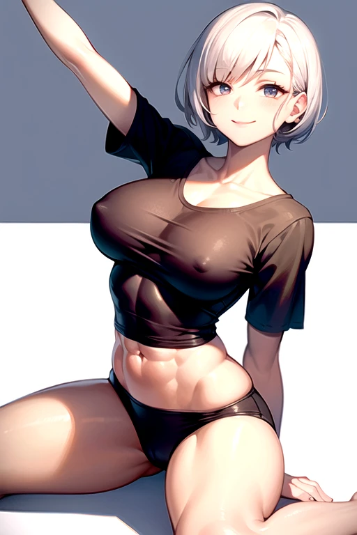 Beautiful girl, (beautiful face),(detailed body),(perfect breasts),(perfect hed),(detailed face),(white short hair)(cute smile),(18 year old),(muscular) in a gim,(full body view), twisting up t-shirt showing abs( both hends on upper chest twisting up t-shirt showing breasts nepples)