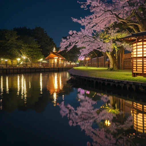 ((Safe at Work)), cherry blossoms, night sky, moon, starry sky, Shrine precincts, perfect dynamic composition, professional photos, (Nikon, ISO:50, focal distance:35mm, Aperture:5.6, shutter speed:1/125, Multi-metering pattern), ((realistic raw photo:1.6)), Ultra high definition, High resolution, 8k,