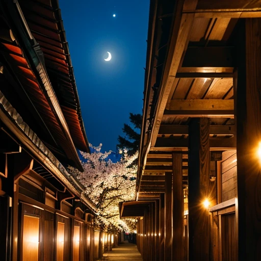 ((Safe at Work)), cherry blossoms, night sky, moon, starry sky, Shrine precincts, perfect dynamic composition, professional photos, (Nikon, ISO:50, focal distance:35mm, Aperture:5.6, shutter speed:1/125, Multi-metering pattern), ((realistic raw photo:1.6)), Ultra high definition, High resolution, 8k,