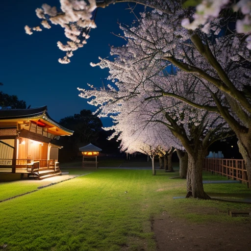 ((Safe at Work)), cherry blossoms, night sky, moon, starry sky, Shrine precincts, perfect dynamic composition, professional photos, (Nikon, ISO:50, focal distance:35mm, Aperture:5.6, shutter speed:1/125, Multi-metering pattern), ((realistic raw photo:1.6)), Ultra high definition, High resolution, 8k,