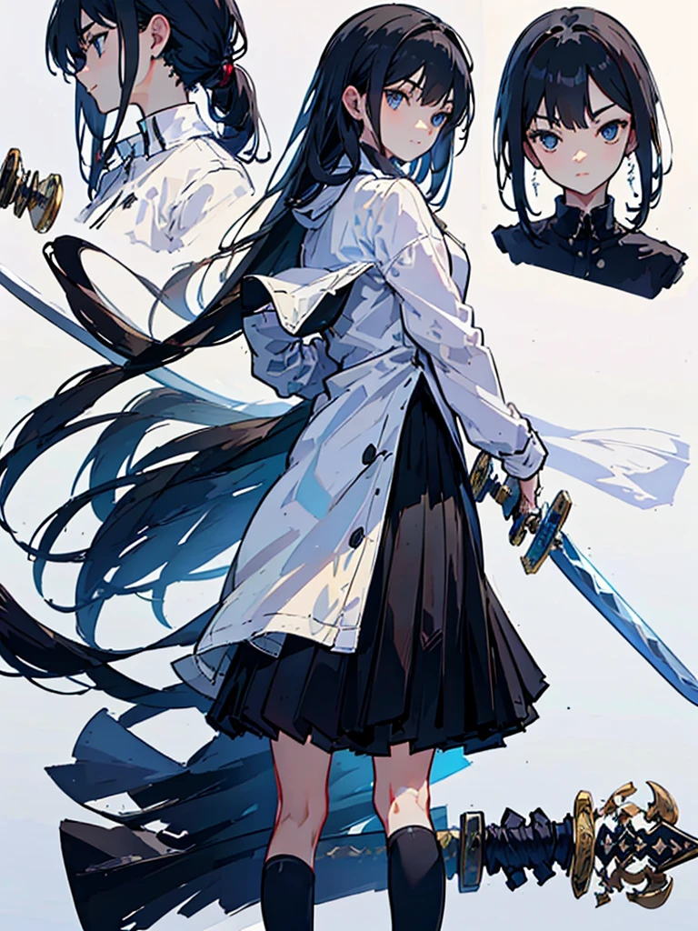 (masterpiece:1.2, highest quality),(Colored Background) (Beautiful detailed eyes: 1.2), (Highly detailed CG Unity 8K wallpaper, masterpiece, highest quality, Super detailed, best shadow), (detailed background) ,arms(have a sword),solo ,black hair,Blue-black eyes Komach-V2,1girl, sketch (Character design sheet, same character, full body, Three-View, front, ~ side, return), solo,One sword