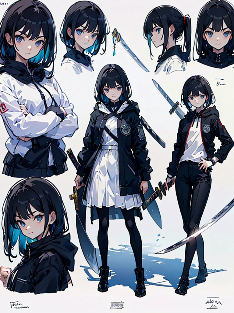 (masterpiece:1.2, highest quality),(Colored Background) (Beautiful detailed eyes: 1.2), (Highly detailed CG Unity 8K wallpaper, masterpiece, highest quality, Super detailed, best shadow), (detailed background) ,arms(have a sword),solo ,black hair,Blue-black eyes Komach-V2,1girl, sketch (Character design sheet, same character, full body, Three-View, front, ~ side, return), solo,One sword