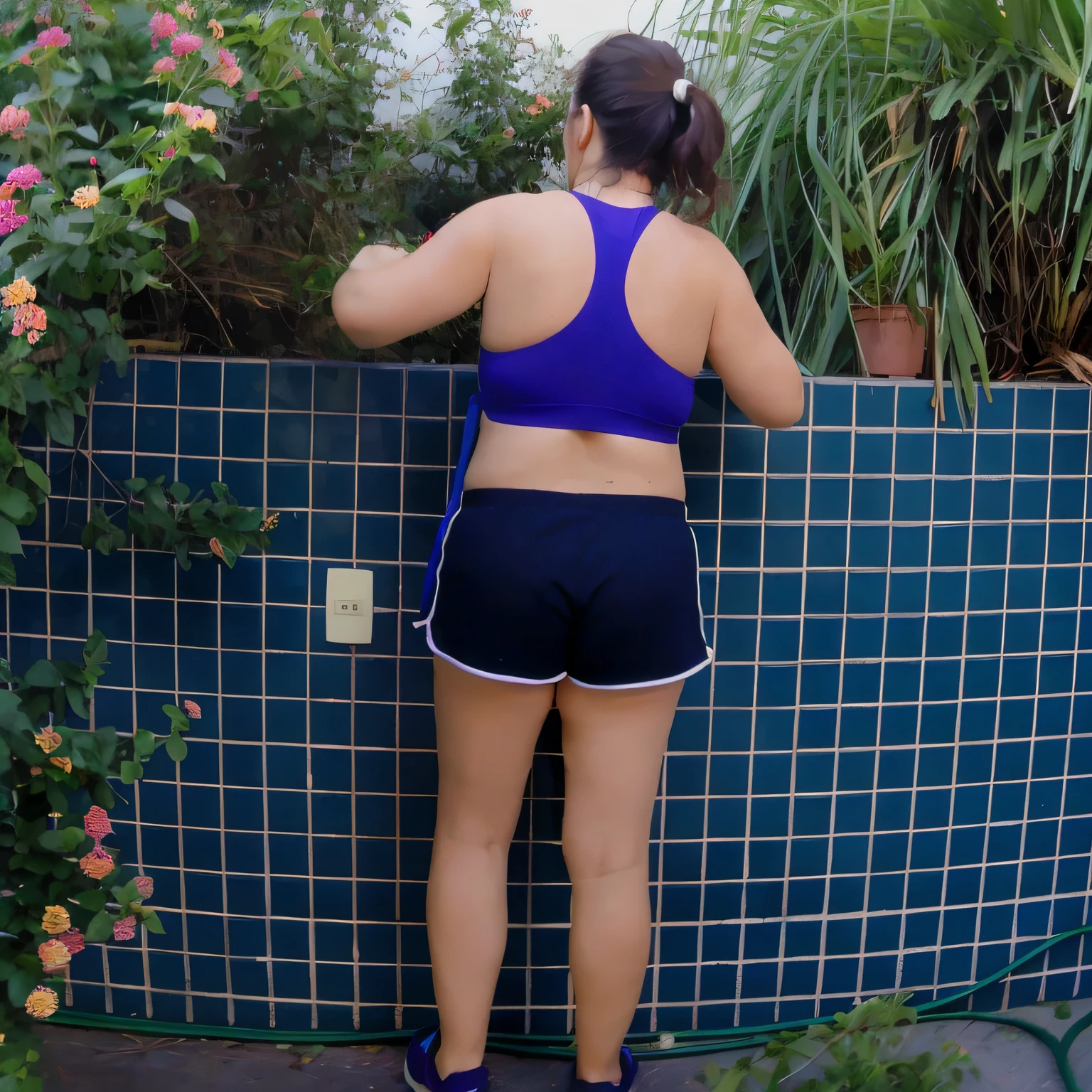 there is a woman standing next to a wall with flowers, back - shot, sport bra and dark blue shorts, squatting down next to a pool, fit pic, seen from the back, back pose, waist - shot, back shot, backview, shot from the back, sport bra and shorts, hunched shoulders, rear-shot, backshot. Best quality , high resolution, Masterpiece: 1.3, A high resolution, (photographically realistic), Beautiful girl, Sexy Pose, 8K, NFSW, fitness body, sports bra and dark blue shorts, toned legs. She is around 35 years old, a woman in good physical condition. Masterpiece, best quality, (best quality), realistic lighting, 8k.
