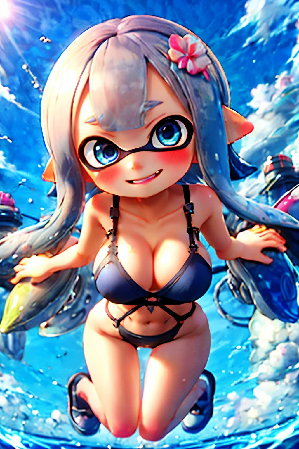 splatoon girl、whole body、3D、real anime、wide angle、(Smile with your mouth wide open)、(big breasts)、cleavage、thin waist、blush、cheek、lipstick、Big and pretty eyes、beautiful eyes、dynamic pose、fly in the sky、Flying Girl、