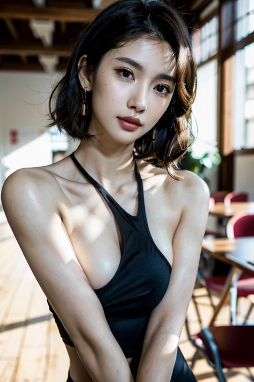absurdres, RAW , delicate and beautiful, masterpiece, Best Quality, ultra high resolution, 16k, , detailed, perfect anatomy, Detailed skin, perfect figure, detailed CG 8k wallpaper, in her 20s, Slim body, narrow waist, small head, small face, delicate facial features, tearful mole, earring, thin legs, (very huge round breasts), full body shot, short hair, (wavy hair), (light brown hair) , college , naughty bitchy students