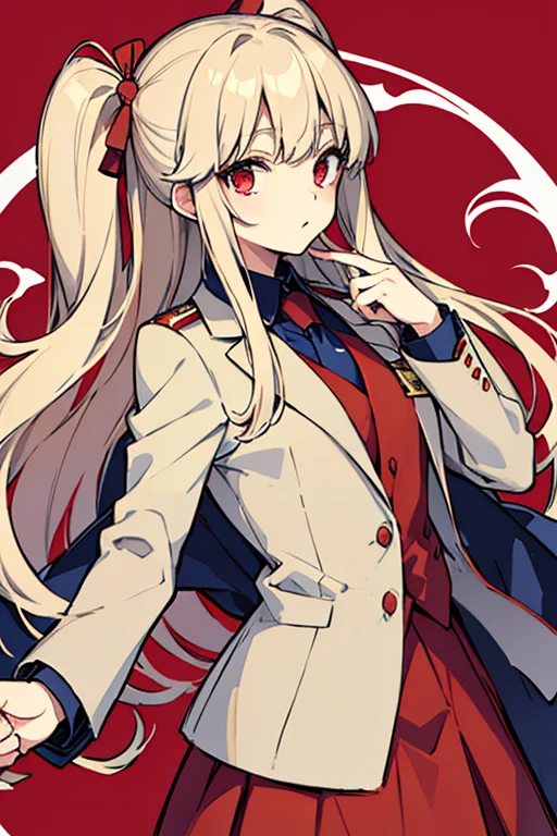 beige hair、red eyes、long hair、Gentle face、uniform、navy blue blazer、red tie、red skirt、white background