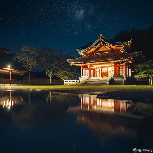 ((Safe at Work)), cherry blossoms, night sky, moon, starry sky, Shrine precincts, perfect dynamic composition, professional photos, (Nikon, ISO:50, focal distance:35mm, Aperture:5.6, shutter speed:1/125, Multi-metering pattern), Ultra high definition, High resolution, 8k, ((complete photo:1.6))