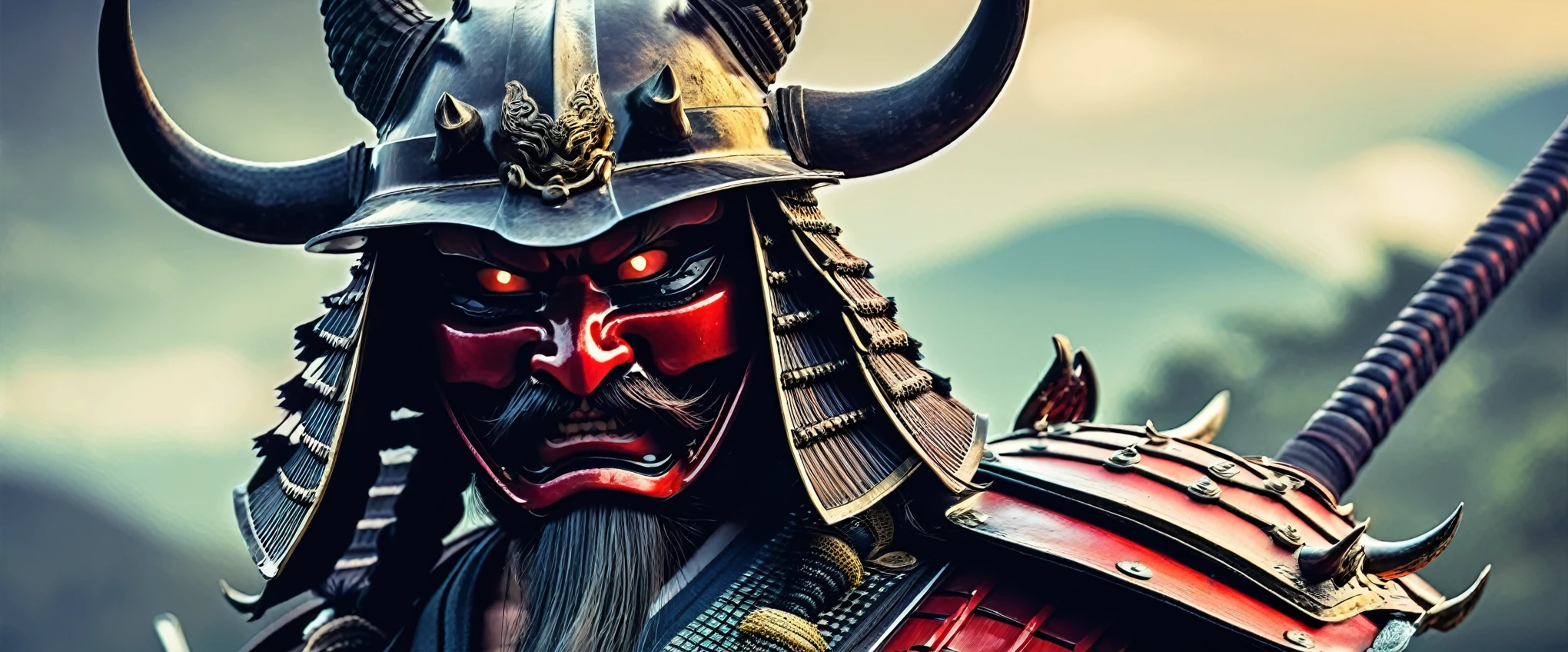 Ancient samurai warrior with demon helmet