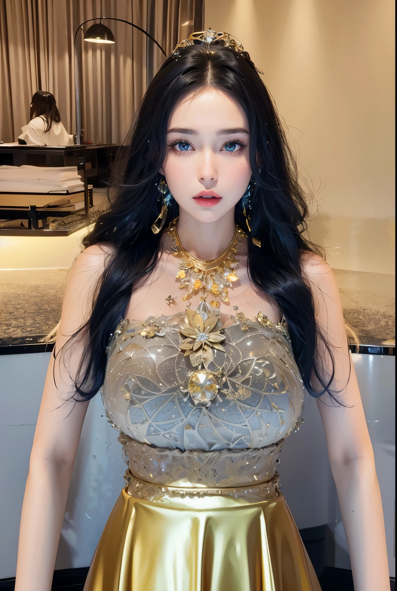 Game art,Best image quality,Highest resolution,8K,(A half-length photo),(portrait),(Head close-up),(rule of thirds),Unreal Engine 5 rendering works,20 year old girl,((Queen)),Eyes are very detailed,(big breasts),Elegant and noble,cinema lights,Ray tracing,Game CG,((3D Unreal Engine)),OC rendering reflection pattern,4K,Ultra-clear,translucent lace,Fair and plump figure,pretty face,gloss gel coat,身着华贵礼服的Queen,Necklace jewelry,dark blue pupils(Like the eyes of the starry sky),