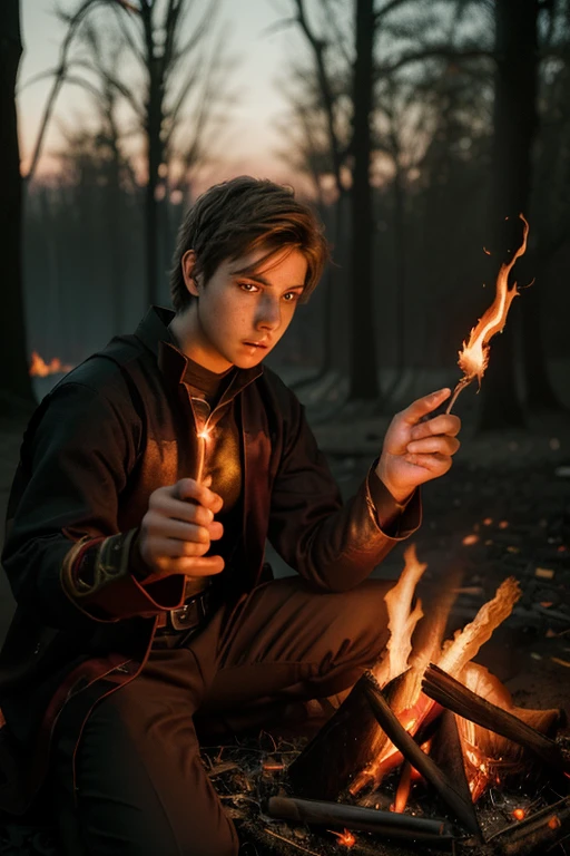 A young male mage was casting fire spells to start a bonfire.(Highly detailed)(Portrait photography at its best)