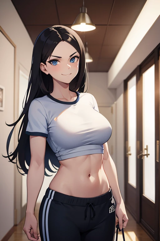 ((best quality)), ((masterpiece)), (detailed), (((perfect face))), ((athletic 36yo woman standing)), (((wearing white gym T-shirt, black gym sweat pants, whistle))), ((brunette)), ((long hair)), (((blue eyes))), ((snarky:1.3)), ((arrogant smile:1.5)), ((wide hips)), (((woman looking at viewer))), (((fancy stadium corridor)))