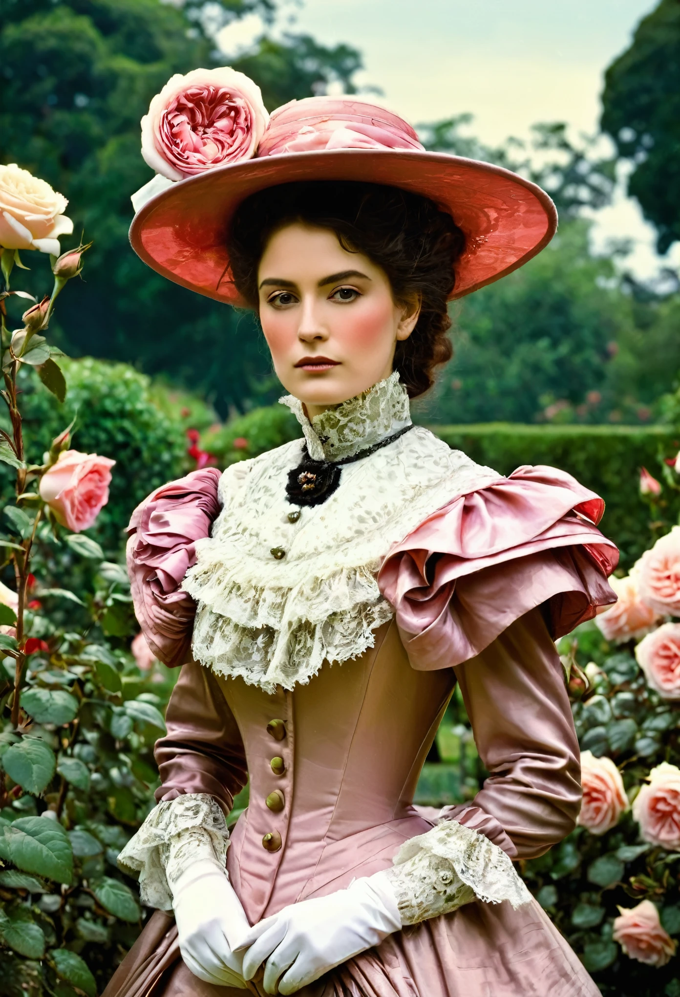 (( Woman Portrait)), ( Victorian Fashion Style), Rose Garden, Classic, Rotten Row, English Style, Nobleman, Elegantism,scene of opulence --c 22 --ar 27:40 --s 999 --v 6.0