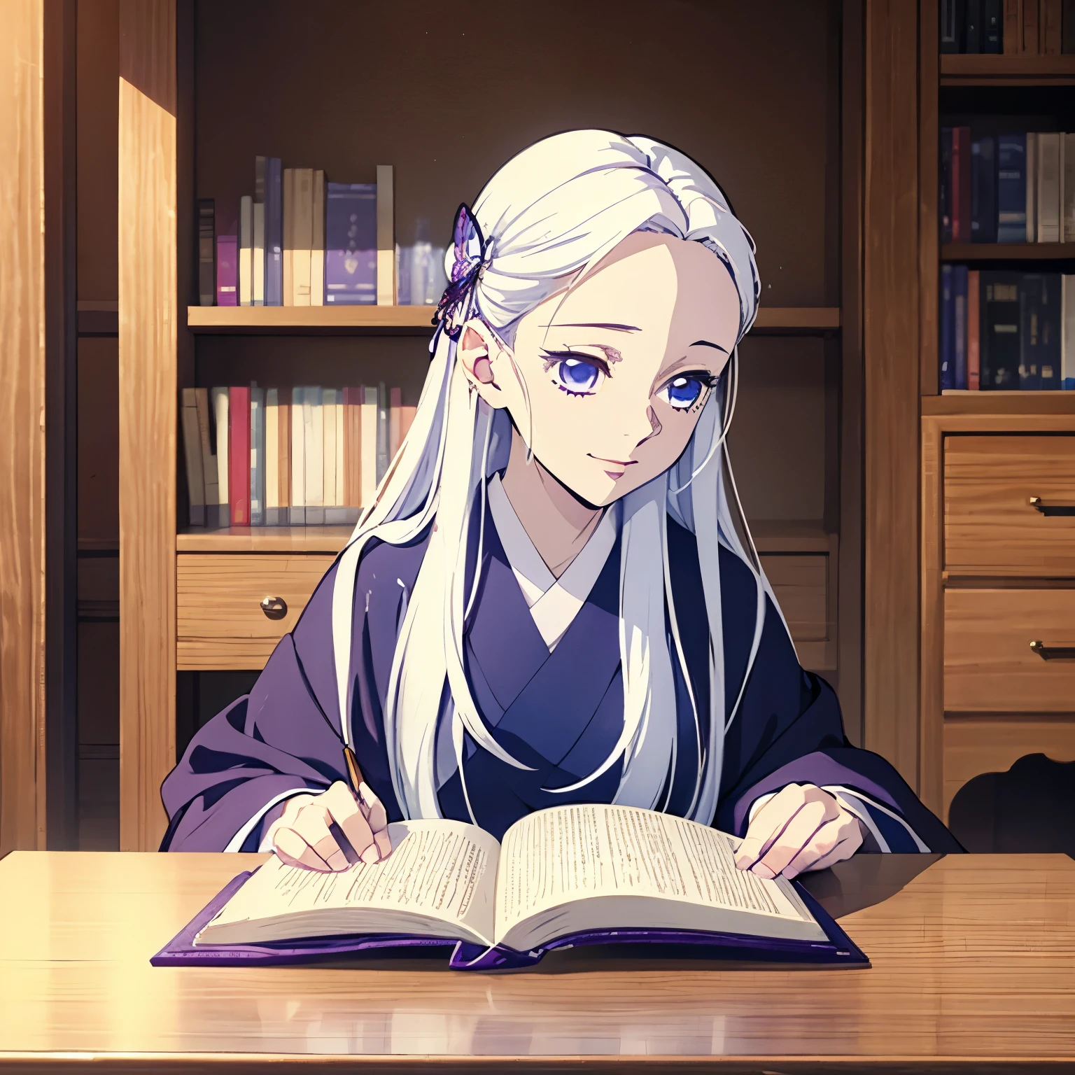 (1 girl), blue eyes, White hair, (long straight hair), beautiful girl, dark purple color kimono, studying, one butterfly hair pin, looking at the book, clear lines, clear colors, face focus, light smile, girl, looking at the book, day time