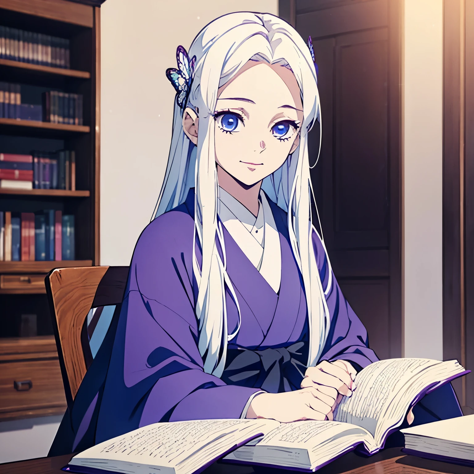 (1 girl), blue eyes, White hair, (long straight hair), beautiful girl, dark purple color kimono, studying, one butterfly hair pin, looking at the book, clear lines, clear colors, face focus, light smile, 17 years old girl, looking at the book, day time