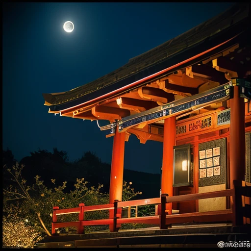 ((Safe at Work)), cherry blossoms, night sky, moon, starry sky, Shrine precincts, perfect dynamic composition, professional photos, (Nikon, ISO:50, focal distance:35mm, Aperture:5.6, shutter speed:1/125, Multi-metering pattern), Ultra high definition, High resolution, 8k, ((completely photography:1.6))
