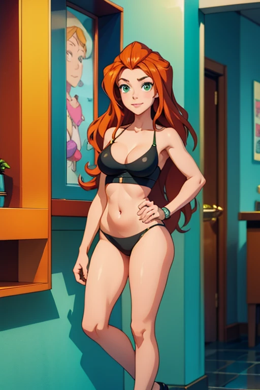 (masterpiece, best quality), full body portrait sam \(totally spies\), orange hair, long hair, green eyes, BREAK ((wearing black two piece swimsuit)), BREAK standing in a room