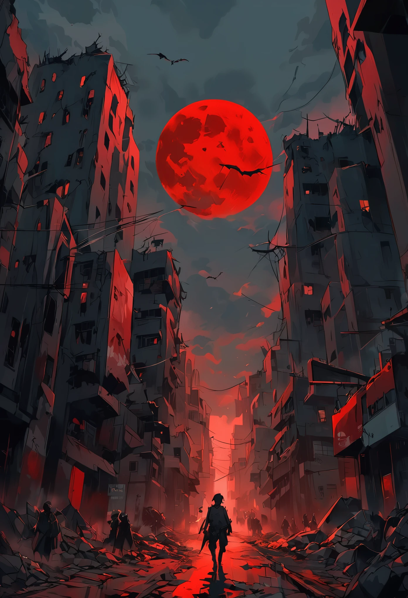 a man with red eyes and black hair, A haunting scene of an urban city in the throes of a zombie apocalypse, A horde of wandering, disheveled zombies shamble along the cracked and damaged city roads, their faces distorted in grotesque expressions. The sky overhead is eerily blood red, casting a sinister hue over the scene, while a blood red moon looms large and ominous in the sky, The atmosphere is tense and foreboding, with a sense of impending doom
