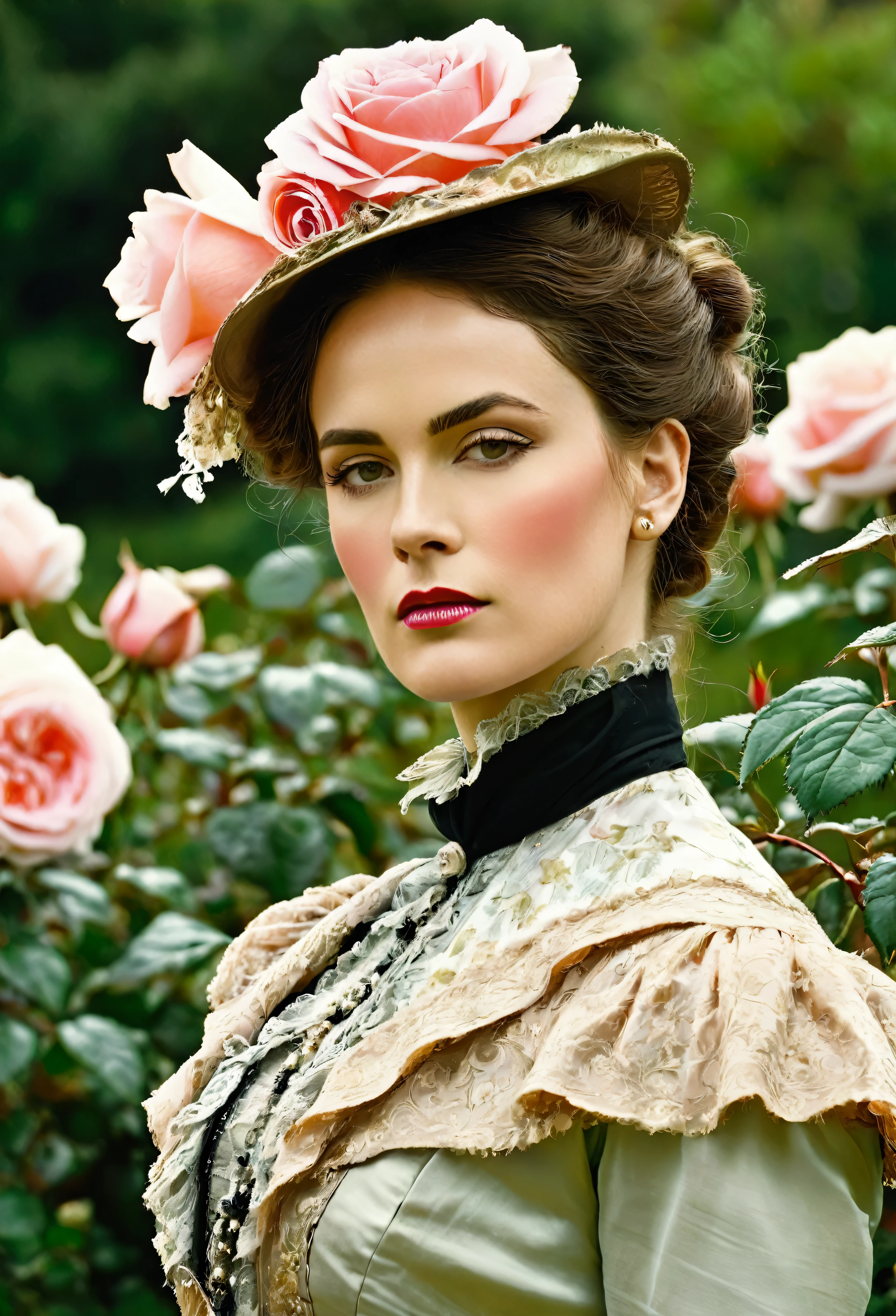 (( Woman Portrait)), ( Victorian Fashion Style), Rose Garden, Classic, Rotten Row, English Style, Nobleman, Elegantism,scene of opulence --c 22 --ar 27:40 --s 999 --v 6.0
