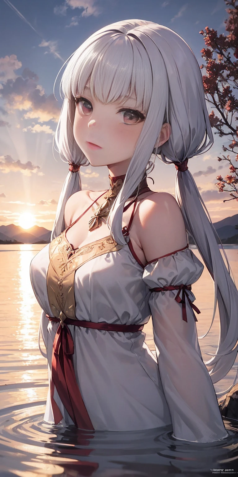 Lysithea von Ordelia, olya, 1girl, solo, long hair, looking at viewer, twintails, monochrome, upper body, greyscale, low twintails, 1 girl, serene expression, mesmerizing eyes, straight long hair, flowing dress, poised posture, porcelain skin, subtle blush, crystal pendant BREAK golden hour, (rim lighting):1.2, warm tones, sun flare, soft shadows, vibrant colors, painterly effect, dreamy atmosphere BREAK scenic lake, distant mountains, willow tree, calm water, reflection, sunlit clouds, peaceful ambiance, idyllic sunset, ultra detailed, official art, unity 8k wallpaper, zentangle, mandala