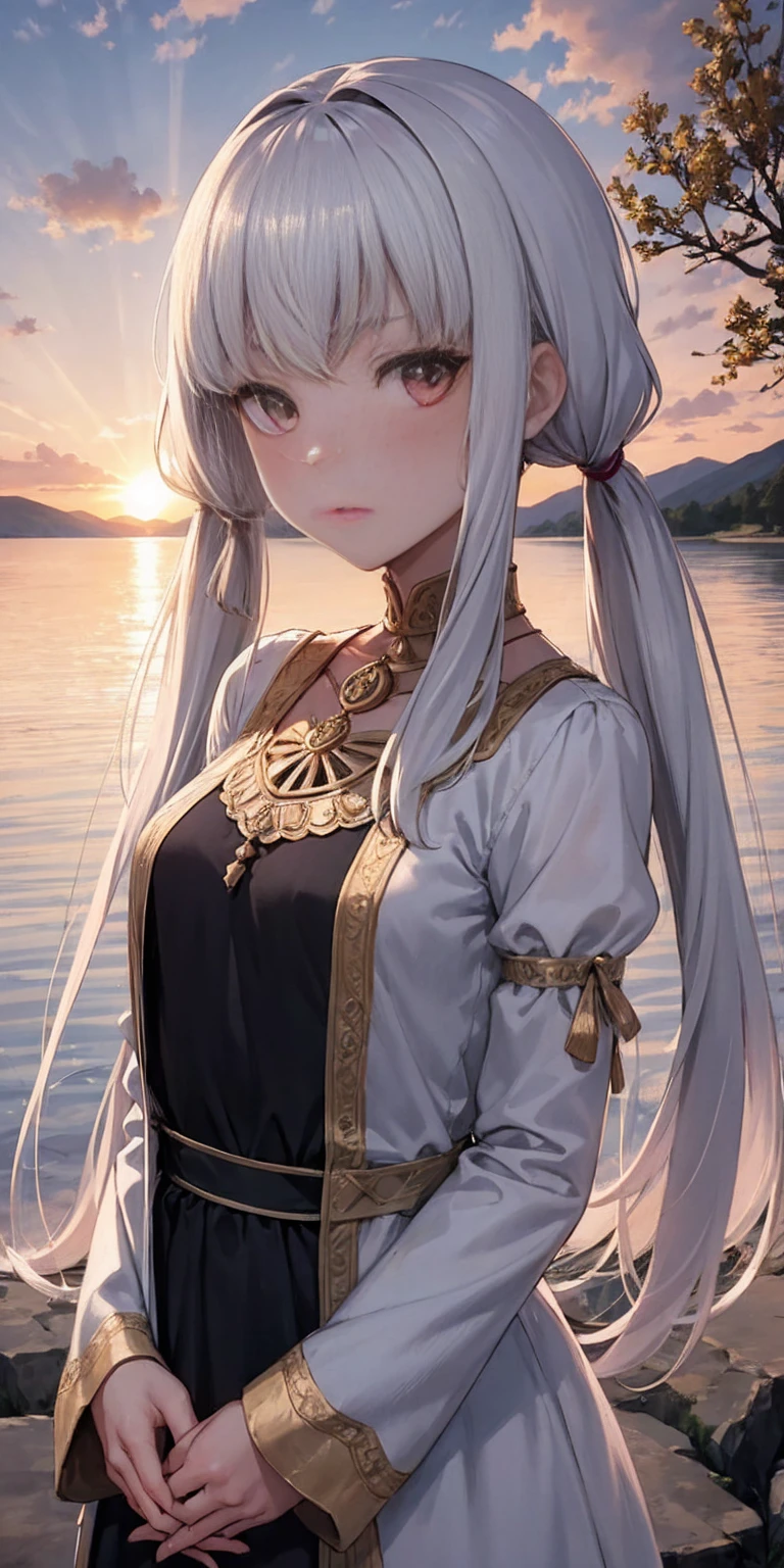 Lysithea von Ordelia, olya, 1girl, solo, long hair, looking at viewer, twintails, monochrome, upper body, greyscale, low twintails, 1 girl, serene expression, mesmerizing eyes, straight long hair, flowing dress, poised posture, porcelain skin, subtle blush, crystal pendant BREAK golden hour, (rim lighting):1.2, warm tones, sun flare, soft shadows, vibrant colors, painterly effect, dreamy atmosphere BREAK scenic lake, distant mountains, willow tree, calm water, reflection, sunlit clouds, peaceful ambiance, idyllic sunset, ultra detailed, official art, unity 8k wallpaper, zentangle, mandala
