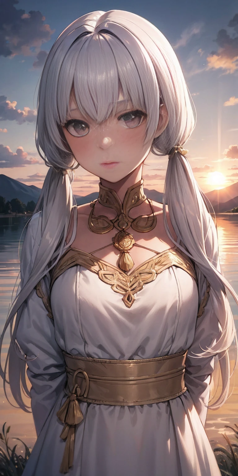 Lysithea von Ordelia, olya, 1girl, solo, long hair, looking at viewer, twintails, monochrome, upper body, greyscale, low twintails, 1 girl, serene expression, mesmerizing eyes, straight long hair, flowing dress, poised posture, porcelain skin, subtle blush, crystal pendant BREAK golden hour, (rim lighting):1.2, warm tones, sun flare, soft shadows, vibrant colors, painterly effect, dreamy atmosphere BREAK scenic lake, distant mountains, willow tree, calm water, reflection, sunlit clouds, peaceful ambiance, idyllic sunset, ultra detailed, official art, unity 8k wallpaper, zentangle, mandala