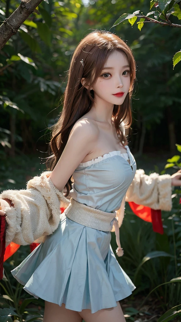 masterpiece,real photos,looking into camera,night time,HDR backlight,Contour light,Shallow depth of field,reddish brown long straight hair,Elegant Chinese beauty,Smile,dancing in the forest, Wearing a strapless cardigan dress,The breeze blew her face,The skirt is flying and rhythmic