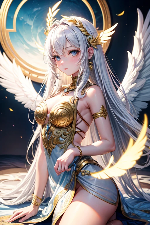 illustration,paradise background, 1 girl, young,white hair, golden eyes, long hair, halo, angel wings, Calm expression, looking at the audience