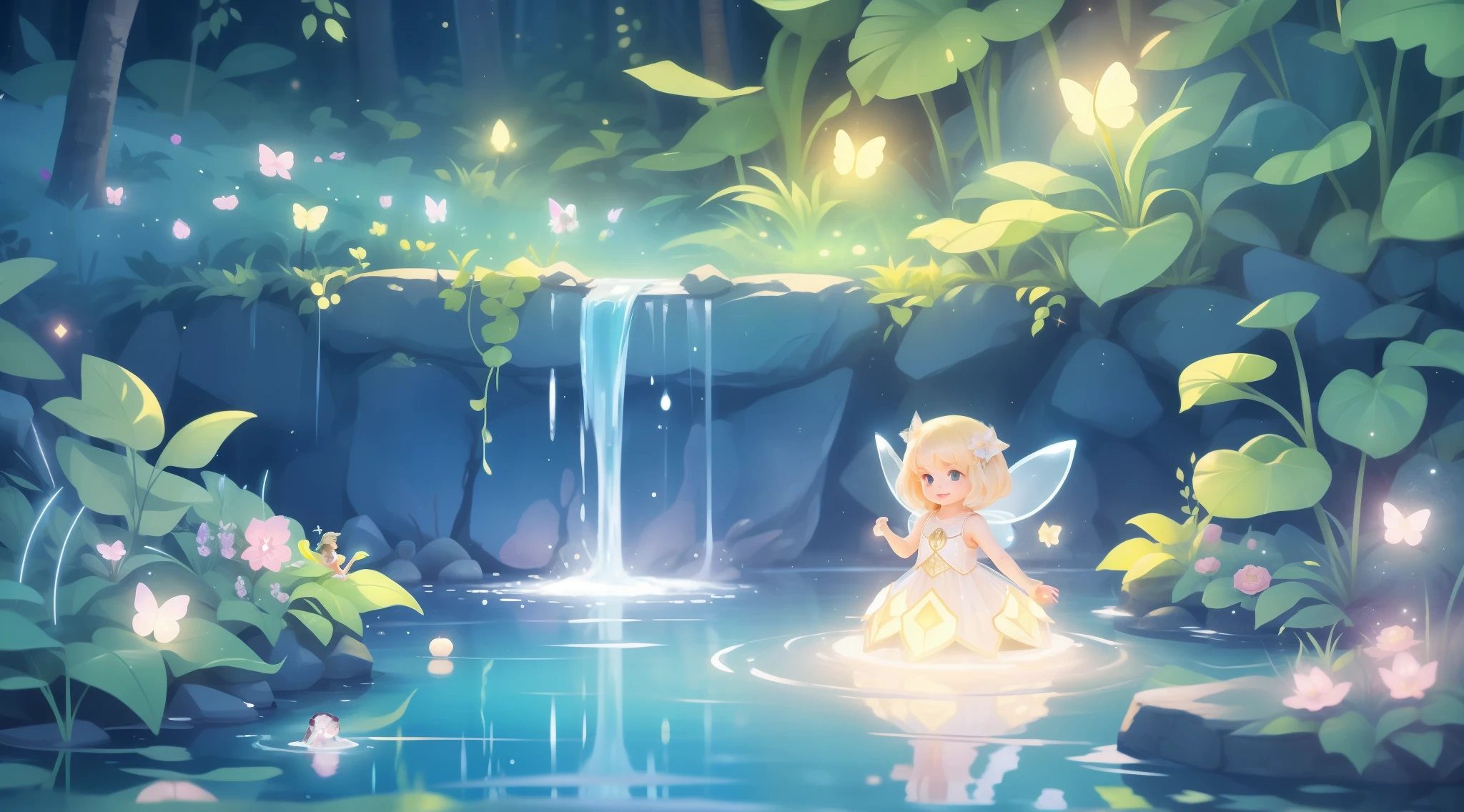 Nice glowing fairy girl in the water, Meisterwerk, Best quality, Feenkleid, funkelnd, leuchtende Aura, Scharfer Fokus, Komplizierte Details, Nice face, Goldener Schnitt, Nice, perfekt