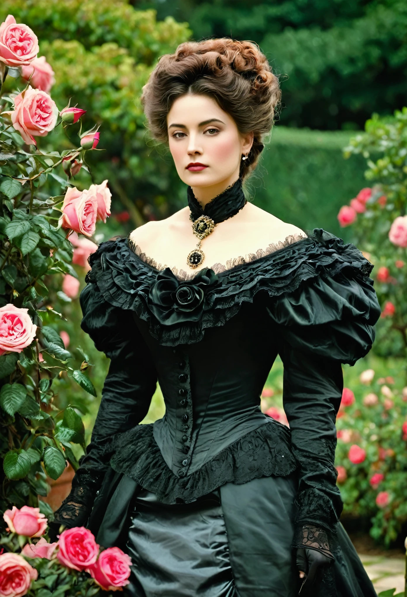 (( Woman Portrait)), ( Victorian Fashion Style), Rose Garden, Classic, Rotten Row, English Style, Nobleman, Elegantism,scene of opulence --c 22 --ar 27:40 --s 999 --v 6.0