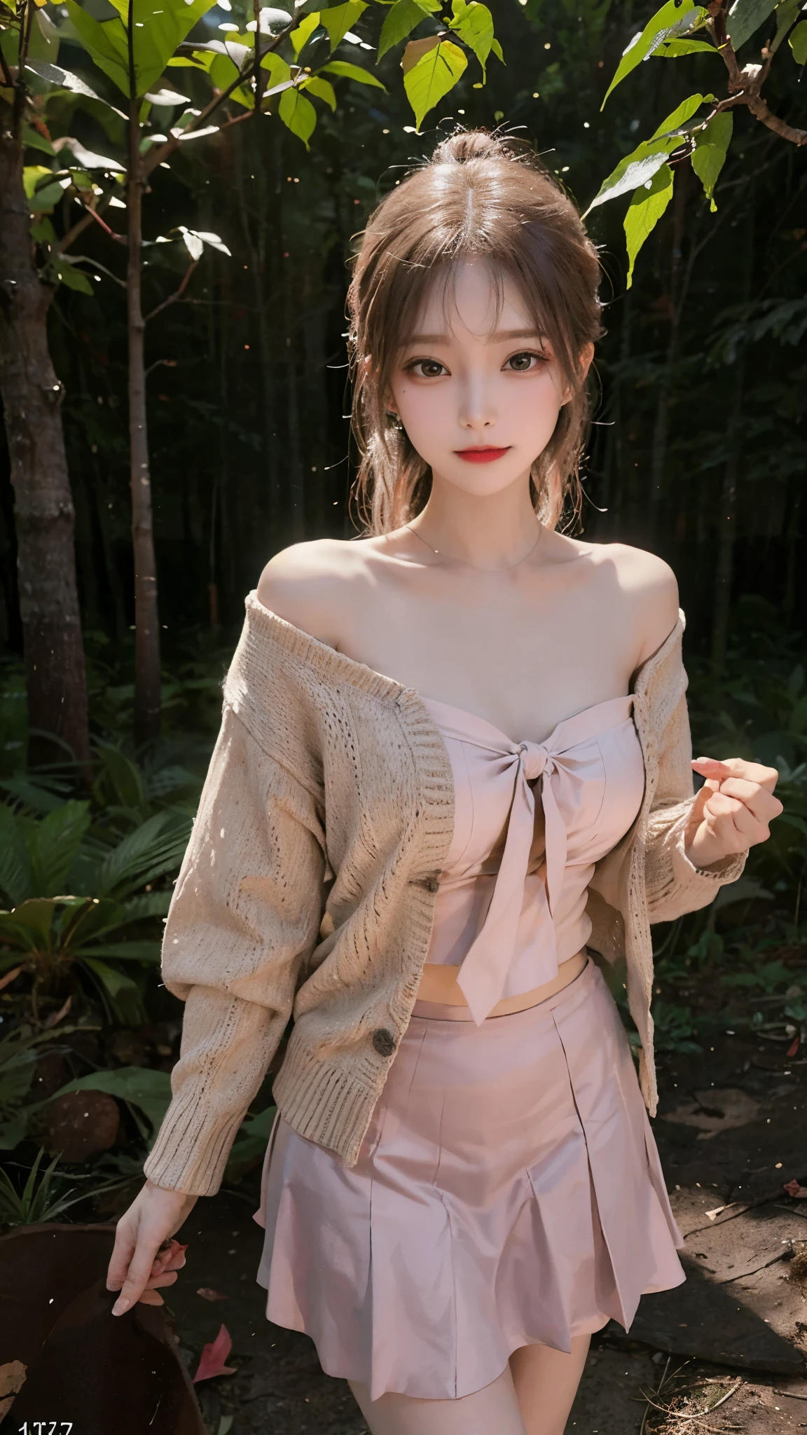 masterpiece,real photos,looking into camera,night time,HDR backlight,Contour light,Shallow depth of field,reddish brown long straight hair,Elegant Chinese beauty,Smile,dancing in the forest, Wearing a strapless cardigan dress,The breeze blew her face,The skirt is flying and rhythmic