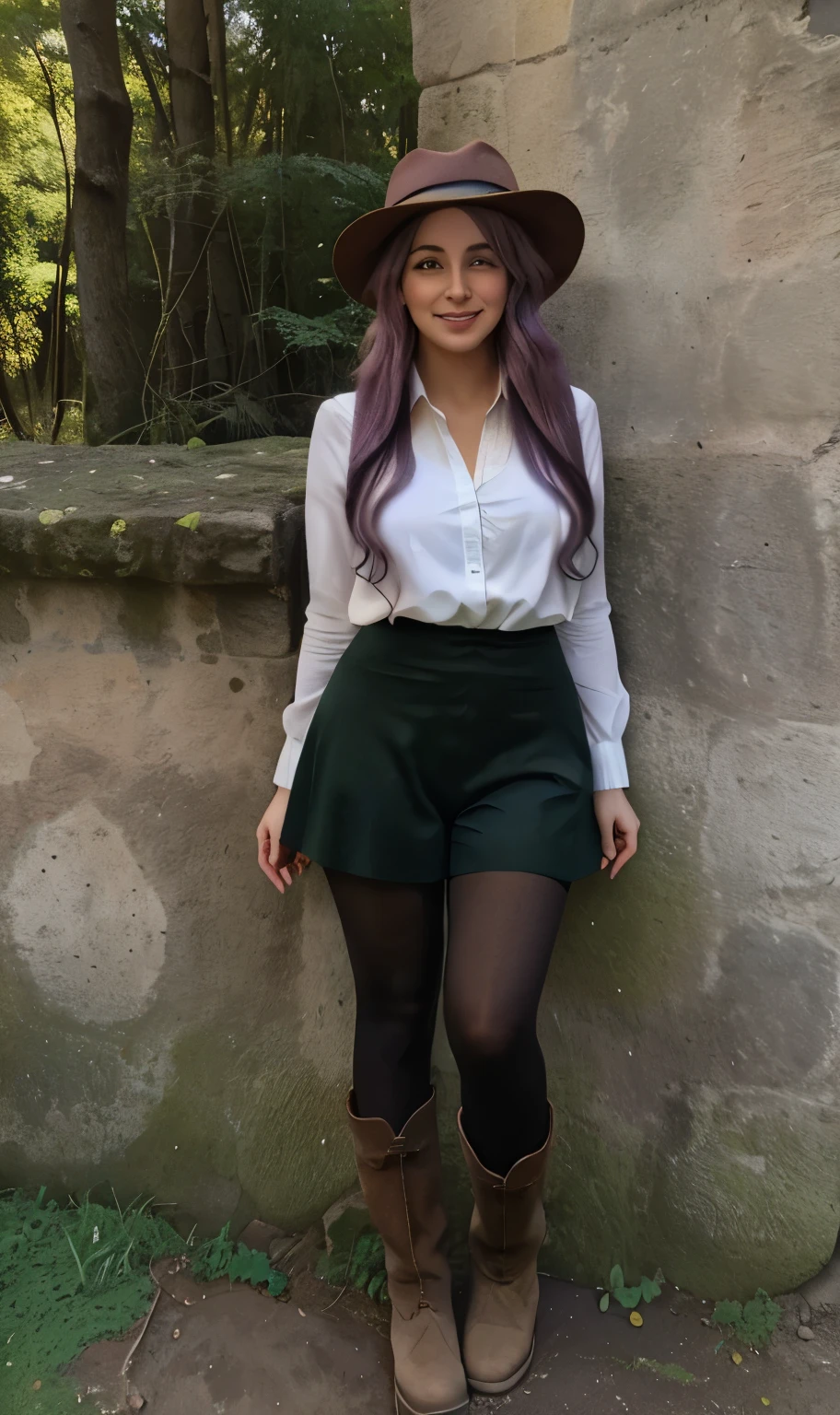 Melhor qualidade, (obra de arte:1.2), illustration, absurdos, (1 garota, Sozinho), (linda garota detalhada),, Aeolian, lilac hair, cabelo longo, olhos vermelhos, medium breasts,, feliz, alegre,, green hat, hat with feather decoration, vestido verde, casaco verde, (Fantasia:1.1) (medieval:1.1) roupa, (preto_pantyhose:1.1), camisa branca, shorts marrons, wool lined boots, botas marrons,, magic forest, flores, Anel de fada, ancient ruins, Stone ruins, Lago, Sky, nuvens