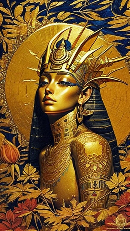 beautiful,gold leaf art, egyptian mythology, RA - God of Sun, impeccable brushwork,rich and vibrant colors,golden accents in the background,delicate and intricate patterns,captivating and mesmerizing composition,exquisite attention to detail,stunning and breathtaking masterpiece,realistic