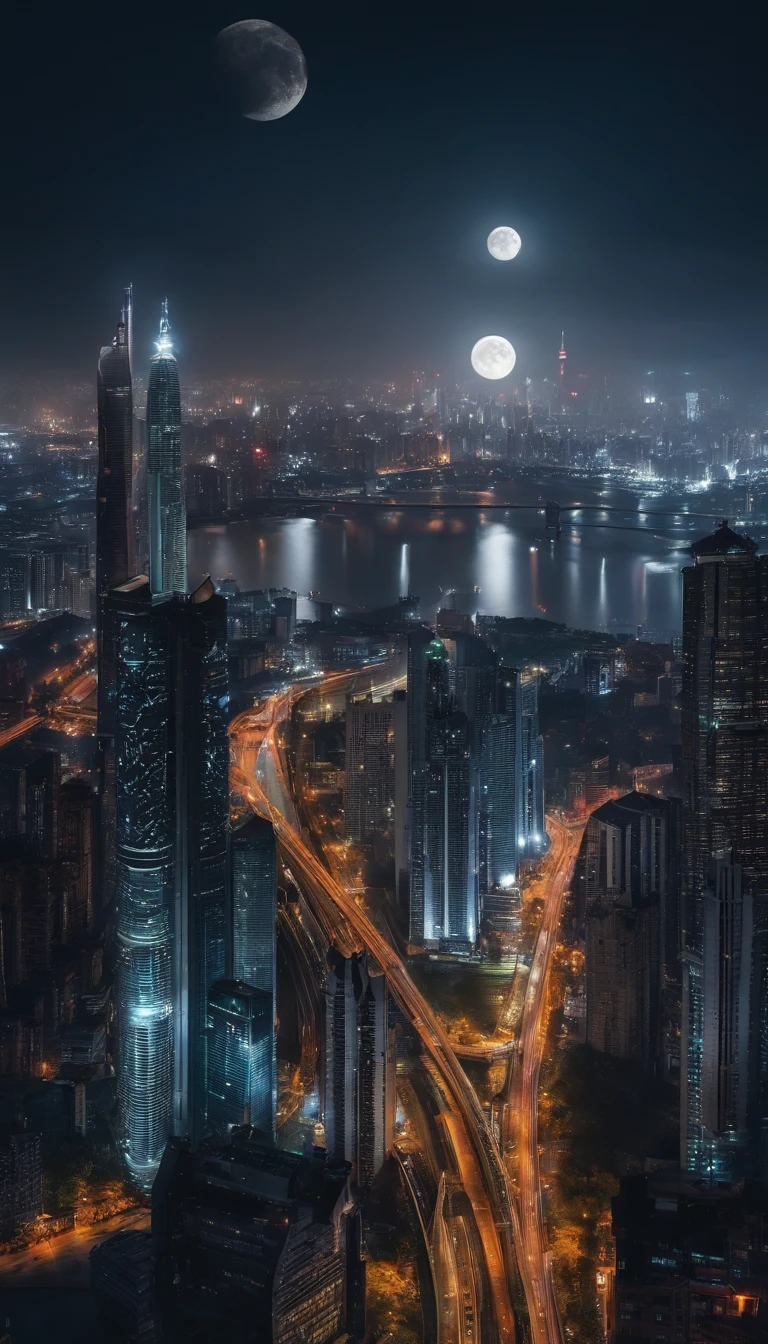 night、cyber punk、The moon near the earth、Lots of skyscrapers, Big city 1000 years from now、several men、A long bridge connecting the buildings
