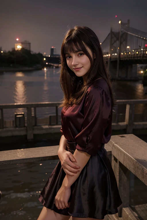masterpiece, 1girl, 16 year old, beautiful bangs, full body image, wearing a silk dark red frock skirt, on the bridge, evening, photo from phone, casual photo, beautiful eyes, beautiful facial structure, realistic, smiling, cute, Asian,