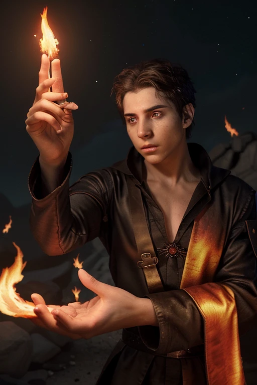 A young male mage was casting fire spells.(He stretched out his hand in front of him, opened his hand, and a flame floated in his palm, and he looked at the flame.)(best pictures)(at night)(Realistic mage face)