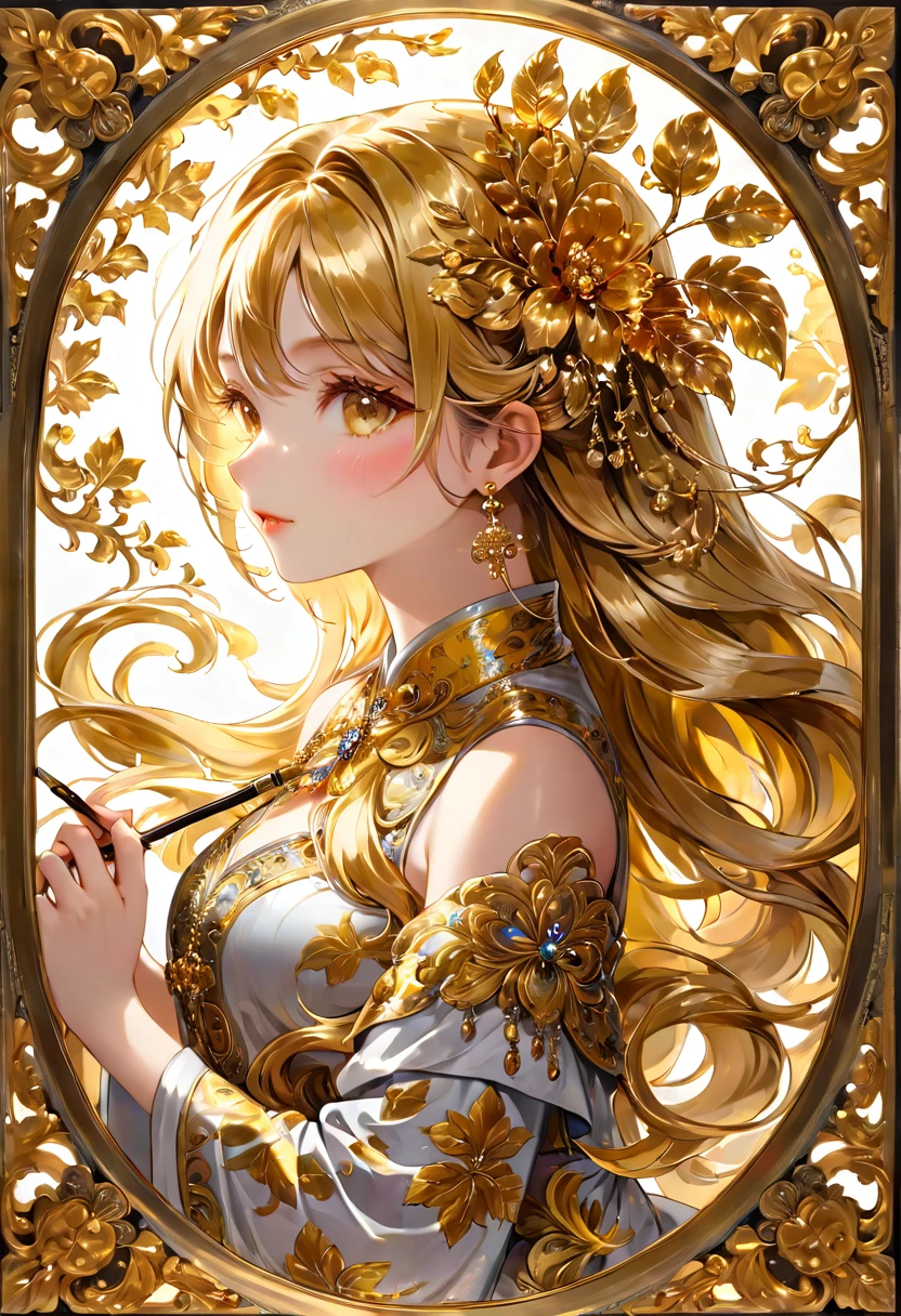 1girl, Gold Leaf Art, goldcarvingcd_xl, jinsixiangyun, traditional, golden, Gold Foil Art, gold leaf,gilded details,shimmering surface,meticulous craftsmanship,rich texture,ornate patterns,hand-applied gold leaf,golden accents,delicate brushwork,reflective surfaces,luxurious finish,breathtaking beauty,meticulous detailing,elegant composition,fine art masterpiece,visual opulence,vibrant colors,glowing golden hue,dramatic contrast,subtle shine,golden radiance,exquisite craftsmanship,gleaming surfaces,richly layered,illumination quality,baroque influences,refined elegance,luminous highlights,rich and regal,unparalleled luxury,artistic magnificence,timeless beauty,self-reflective surfaces,polished luminosity,rous appearance,dazzling brilliance,opulent aesthetic,opulent opulence,limitless beauty,decorative embellishments,unmatched elegance,celestial luminosity,heavenly glow,fine brushstrokes,delicate intricacy,detailed precision,exquisite artistry,dazzling exuberance,unparalleled grandeur,luxurious embellishments,illuminating radiance,dynamic texturing