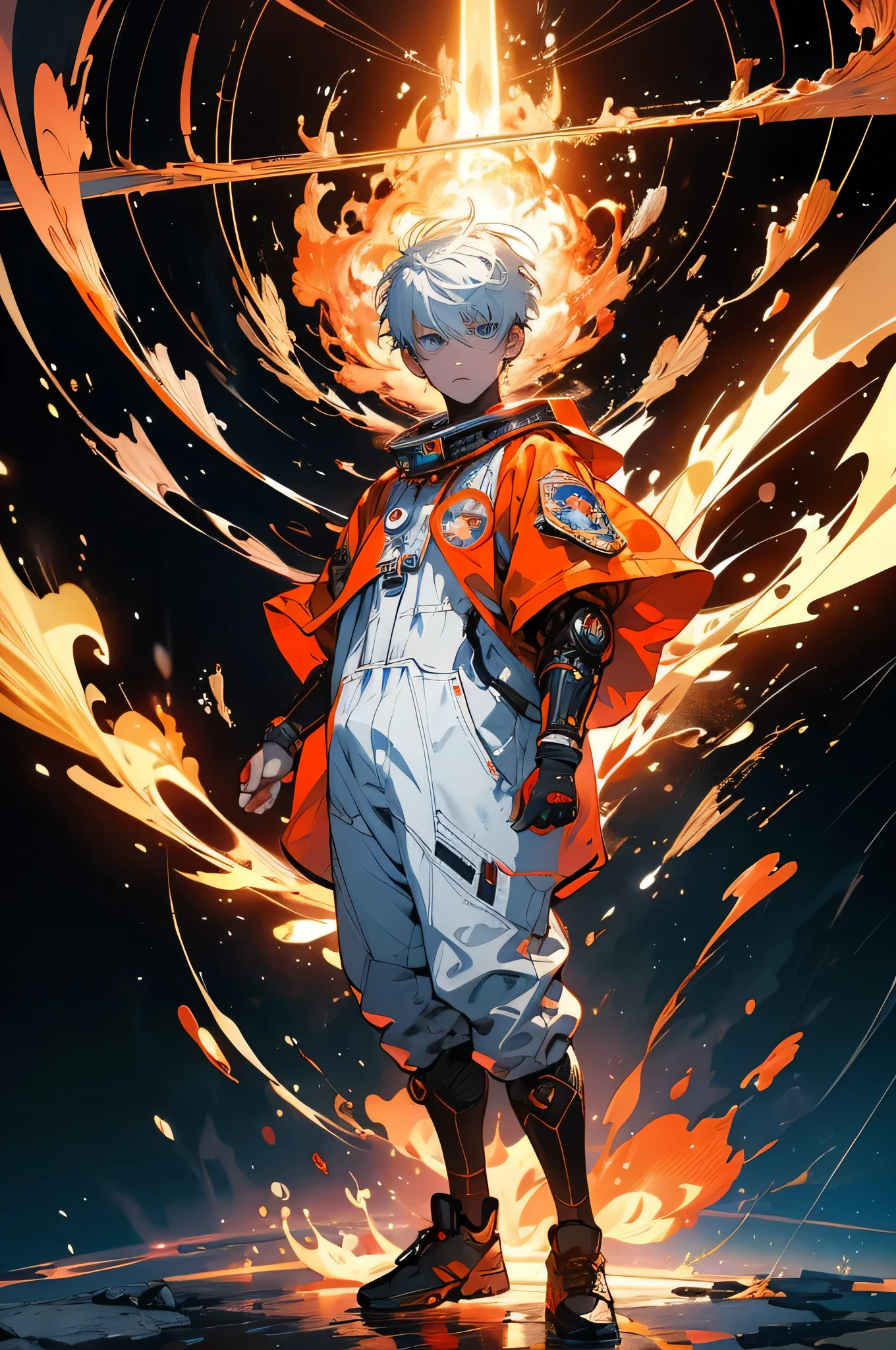 , buzz cut hair, short hair, full body shot, ring of fire, standing pose, Indian art, spacesuit, astronaut, handsome face, big eyes, Transition the state mode, Extreme instincts, An epic anime about energy people, Fire, Anime epic artwork, Comics 8K wallpapers, Detailed digital anime art, advanced digital anime art, Detailed anime artwork, 8K badass anime, plain white background