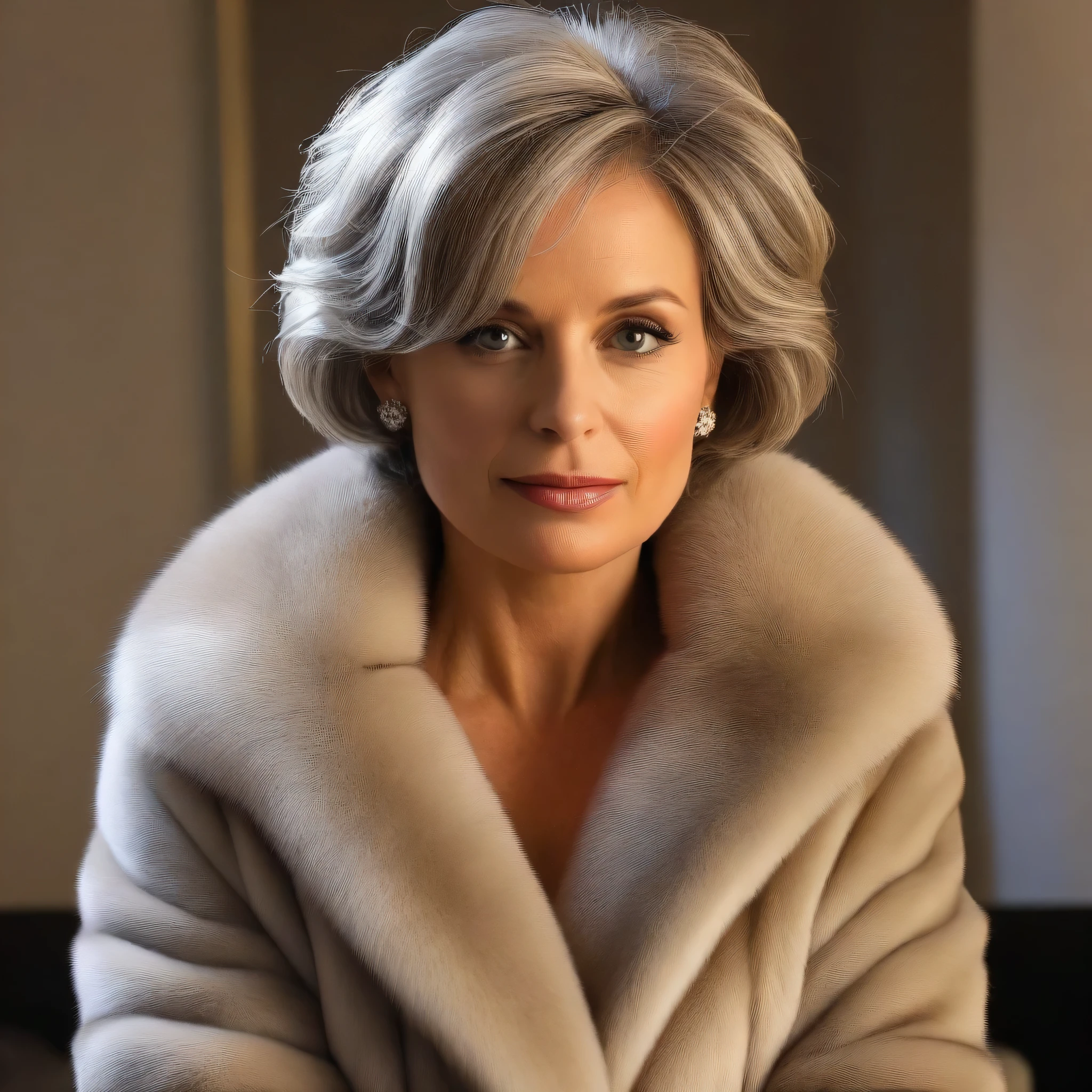 45 ans,(Une MILF:1.2), un regard captivant, yeux verts, A very wide and very thick, very short sand mink fur coat, fifty centimeters thick, duveteux, naturel, with an ultra thick white and sand mink fur collar, three layers, souriante, fully nude front view, bare shoulders, and two large breast discovered by the fur, at sunny Ocean Drive , Florid, Sosie de la vieille femme Carla Gugino, Detailed wrinkles (8K, high resolution, Ultra-quality, A quality of'image ultra élevée, ultrarealistic, best quality:1.2) (gros seins en bonnet D:1.1), (Vieille Femme en Colombie), eyes visible through the hair, with silver gray hair, bobbed hair, Bonne position des yeux, cinematic light, Soft light, lombes, la nuit, detailed color background, Convoluted, Very detailed, 8K, Overall Silhouette, posant professionnellement sur un canapé penthouse, porter un pull en laine élégant et un pantalon en cuir, En regardant directement la caméra