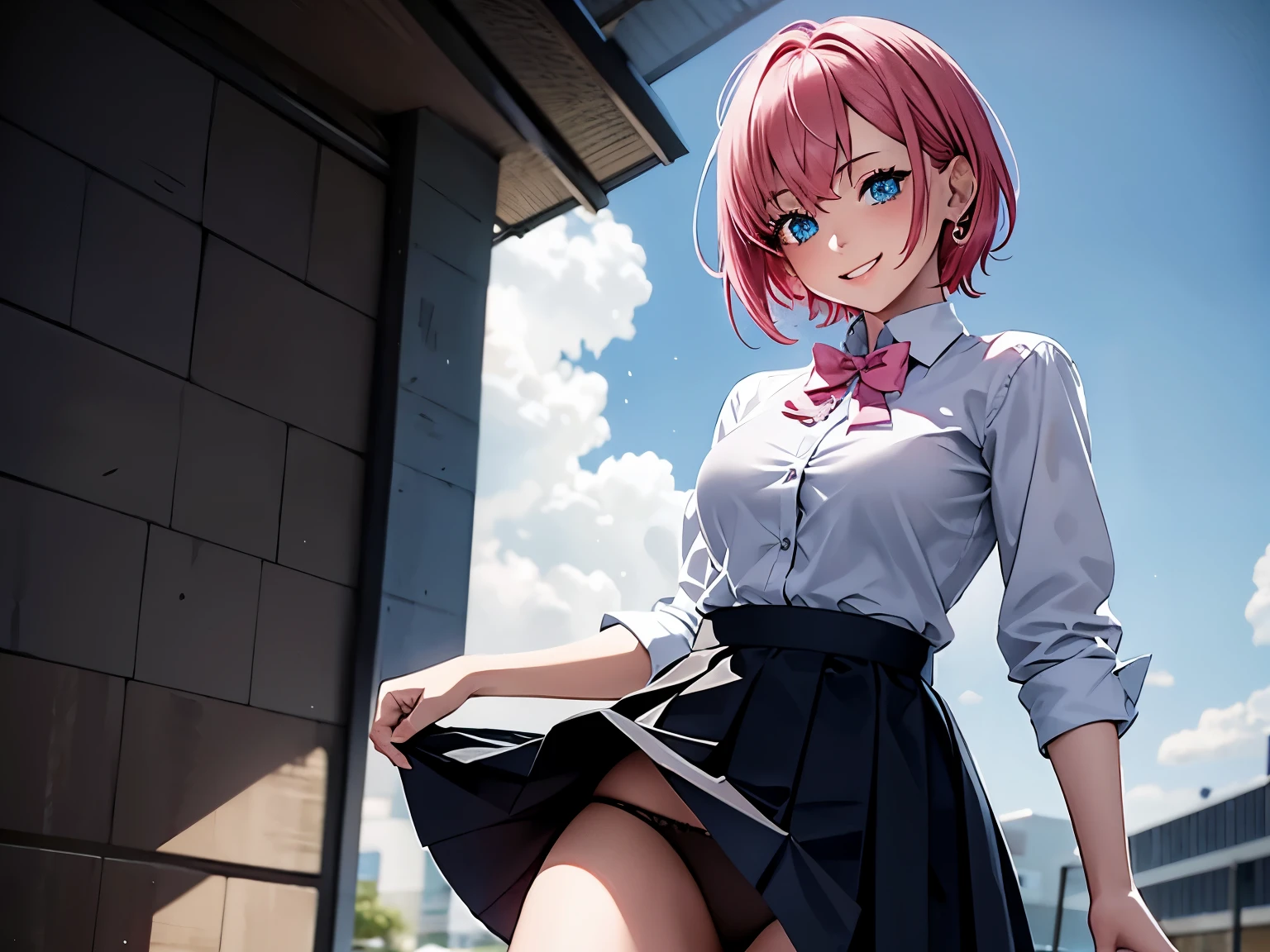 4K photo of a girl with pink hair, , medium breasts, blue eyes, short hair, left bow tie...,, wearing a rain-soaked shirt. Short black skirt, wearing earrings, lifting up the skirt to reveal black underwear. With a smiling face.
