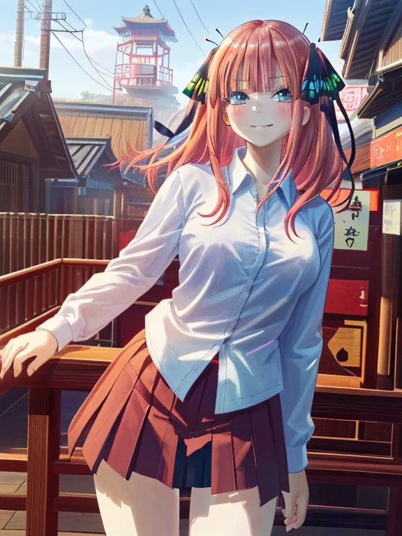 masterpiece, highest quality, anime, very detailed, 1 girl, alone, cowboy shot, nakano nino, pink hair, butterfly hair ornament,medium breasts, smile, East Asian architecture、Turn up the skirt、underwear、