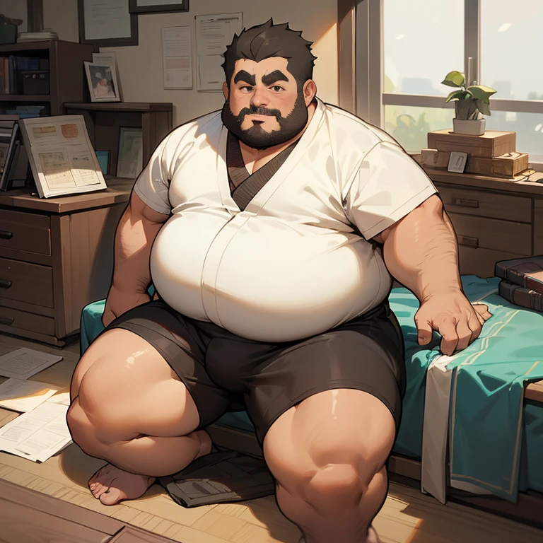 The fat man is 50 years old in Japan, 1man, Squatting down with legs spread wide, little man, Wearing a white sumo wrestler's thong, Mawashi, Shirtless, Glasses, hairy, Bowleg, Bare legs, bare thigh, Shirtless, obesity with protruding belly, short stature and short limbs, Round face, crewcut, Shy, Serious, crass room, a picture, high detail photo, masutepiece