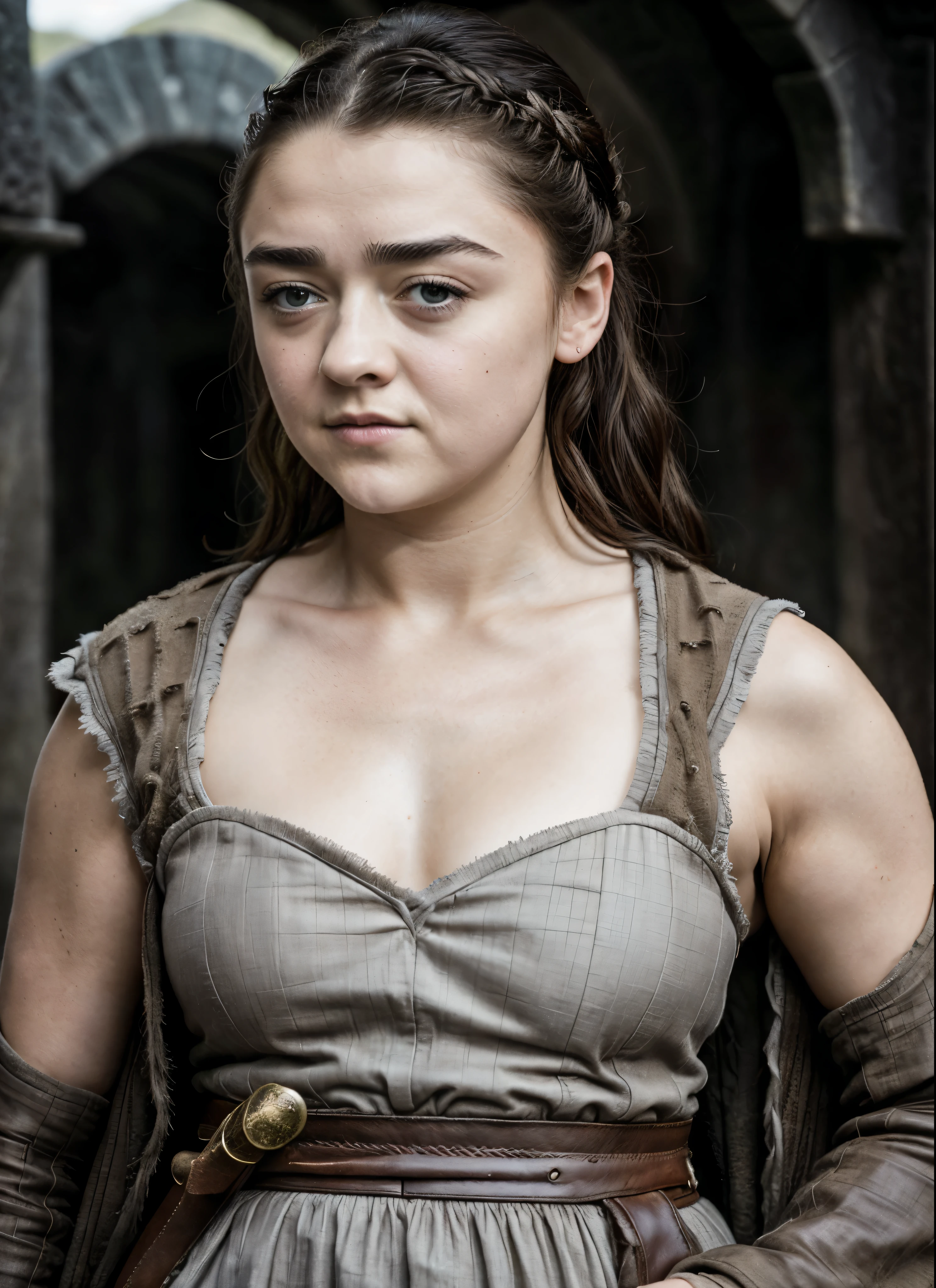 Foto RAW, RAW photograph of Maisie Williams, Arya Stark, 45 years old Woman, thick mature figure, motherly figure, incredible skin texture, skin pores, sweat, Extremely gorgeous lady, Arya Stark PLAYED BY MAISIE WILLIAMS, Queen Arya Stark, she  a mature woman now, milf, sexy mediaeval battle dress, gladiator woman, body, 40 years old Woman, body revealing costumes, perky breast, skin pores, big natural breast, erotic costumes, lusty physique, seductive figure can capture every people's attention, Game of thrones costumes, revealing captivating figure, Mediaeval costumes, revealing clothes, A tomboy, she would rather fence than dance, warrior queen , game of thrones screen caps, Game of Thrones Series, (pele altamente detalhada: 1.2), 8k UHD, DSLR, soft-lighting, alta qualidade, grain of film, Fujifilm XT3, flawless picture, highly detailed, detailed Beauty, intricate, 32k, sharp picture,