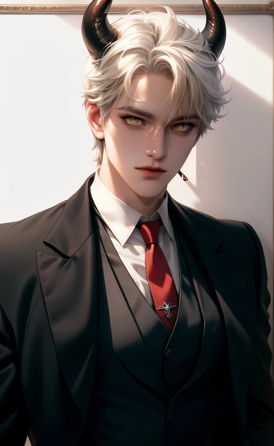 (masterpiece,best quality,ultra_detailed,highres,absurdres),1 mature male, 30-ish, (wide shoulder), (muscular), male focus, solo, white hair, chain, shirt, black necktie, necktie, hell background, Red eyes, upper body, vest, short hair, looking at viewer, smile face, parted lips, collared shirt, round eyewear, long sleeves, hand on own shoulder, white shirt, brown background, black vest, monocle, jewelry. man with horns on his head, fit male demon with white horns, oni horns, demon, mouth smirk, Scars on lips, smirked mouth