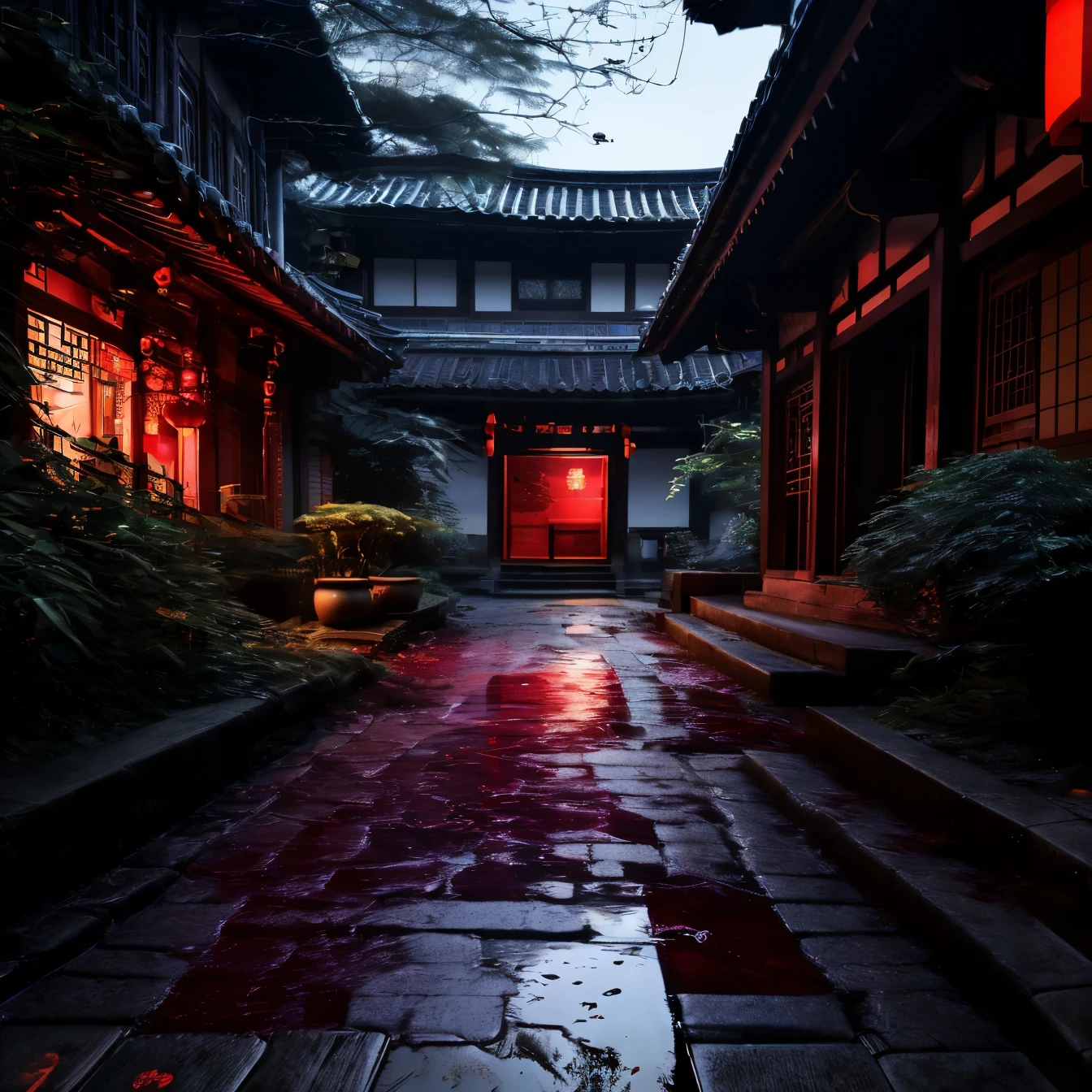 arafed view of a courtyard with a red light at night, cyberpunk japanese temple, cyberpunk chinese ancient castle, dreamy chinese town, japanese street, in a japanese town at night, kyoto inspired, in a narrow chinese alley, quiet tokyo alley at night, red and cinematic lighting, andreas rocha style, misty alleyway, japan at night, japanese city at night