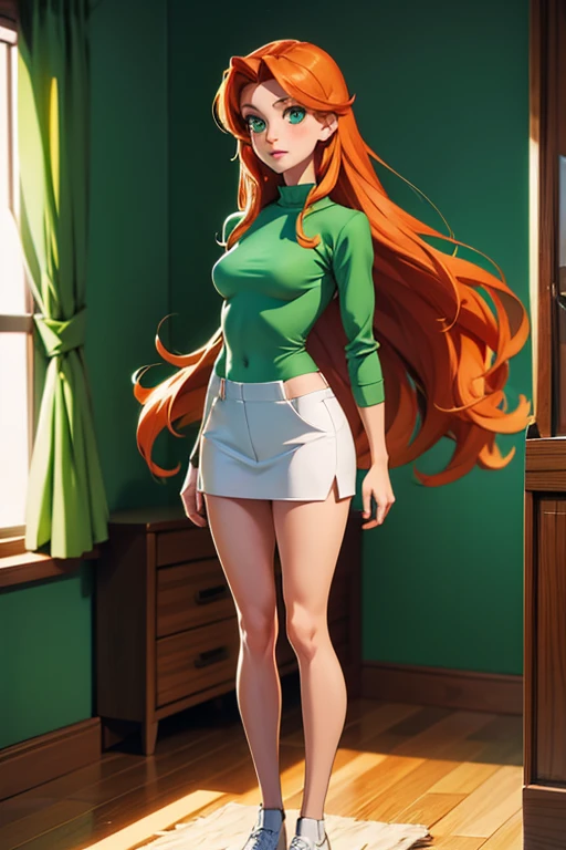 (masterpiece, best quality), full body portrait sam \(totally spies\), orange hair, long hair, green eyes, BREAK ((half naked)), medium  breasts, BREAK standing in a room